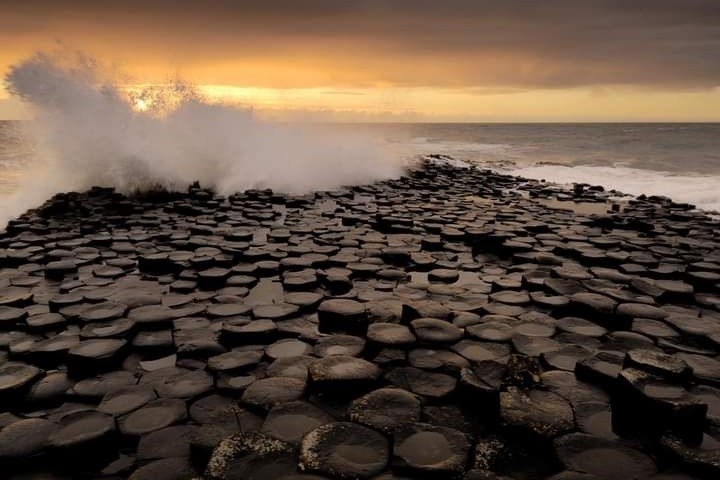 a close up of a rock near the ocean with Giant's Causeway in the background